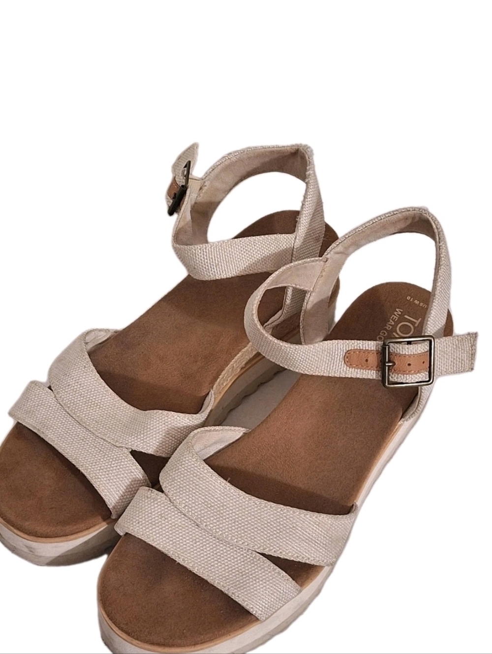 Toms Women's Natural Cream Chambray Canvas Gia Platform Wedge Sandals Size 10